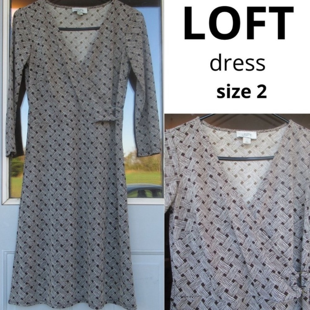 Loft dress basketweave print long sleeve office casual neutral size 2 - Picture 4 of 16